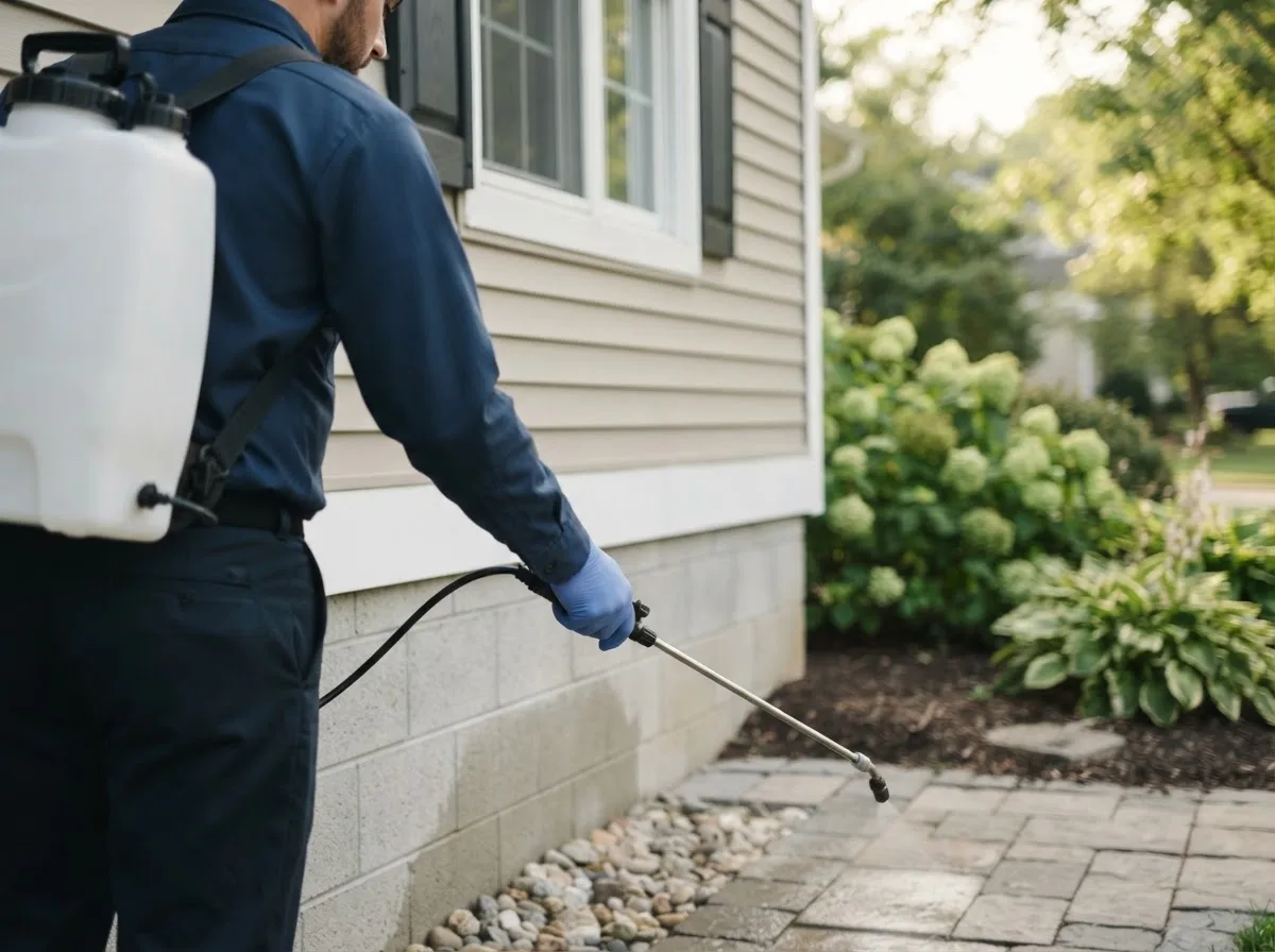 Pest control technician inspecting a home in White Lake, SD